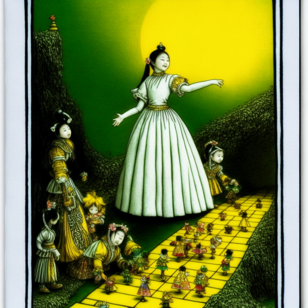 alice meets 10 munchkins on yellow brick road beautifull young mongol woman darkblond a.i. cute robot bellydance harem erotic playing card silver white yellow lemongreen turcoise in the style of an engraving by gustave dore lovely