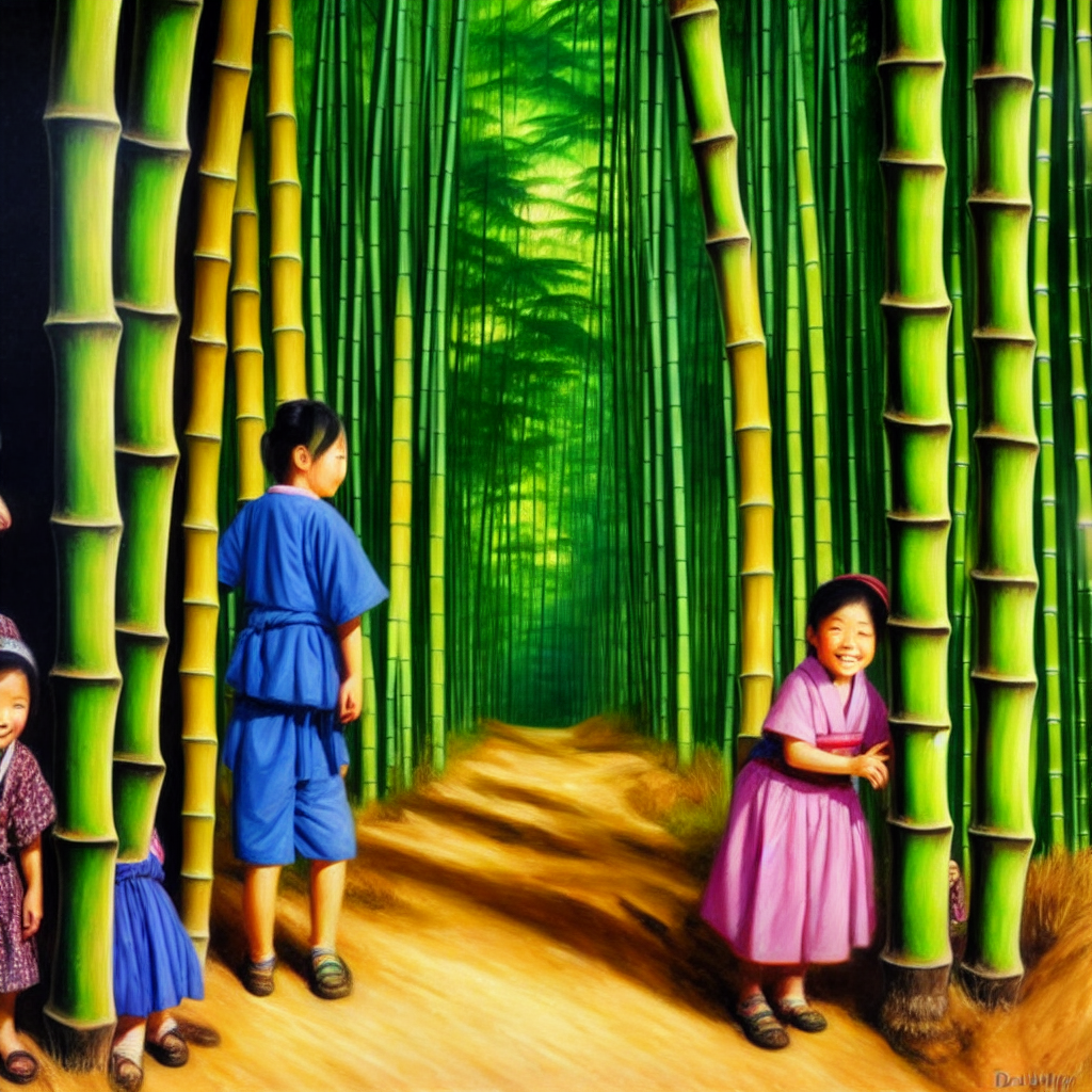 a woodcutter and a young girl in a Japanese Bamboo forest, oil painting, highly detailed, by David Mann, by HP Lovecraft