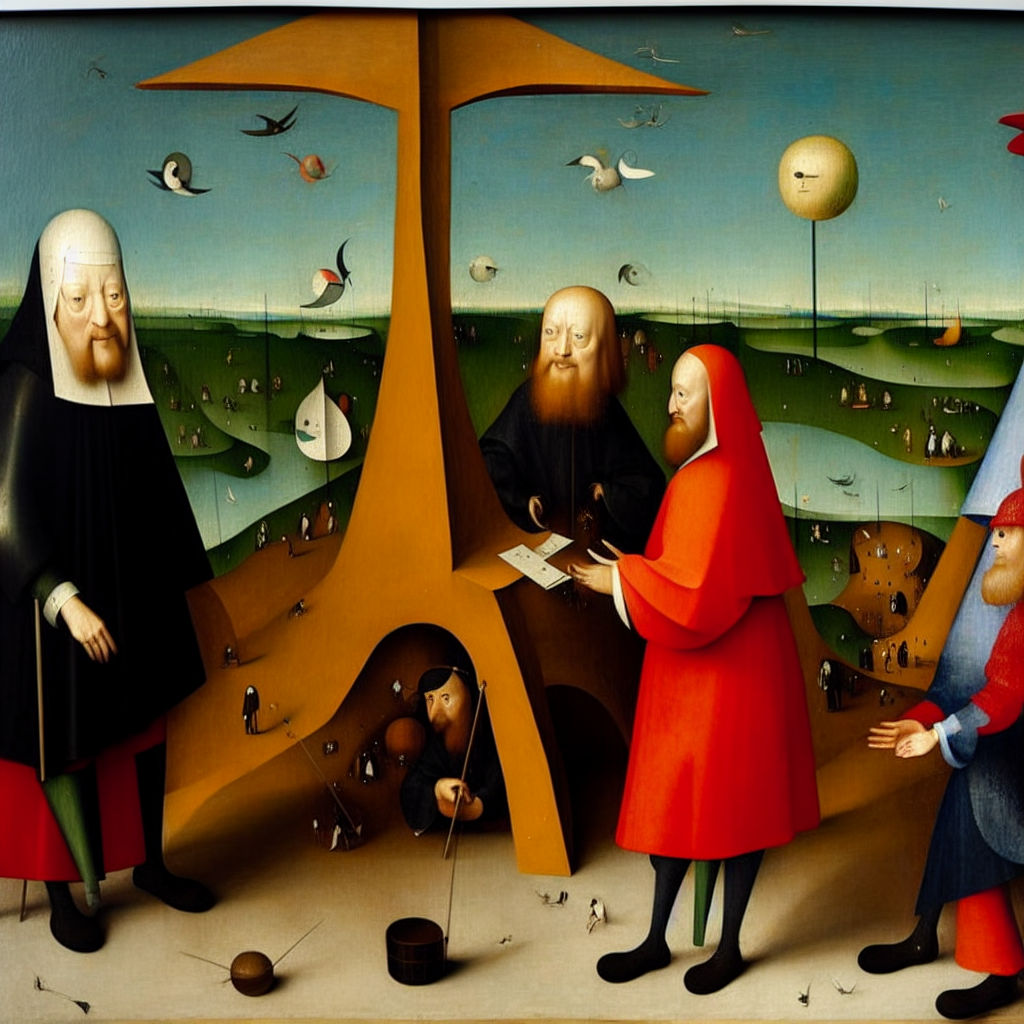 zoom and zoho meeting talking to google meet and microsoft teams, oil painting by Hieronymus Bosch and Femke Hiemstra