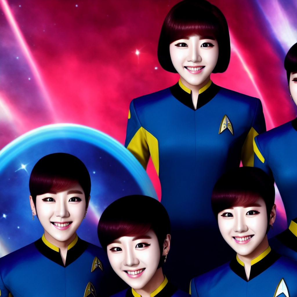 A K-pop makeover for crew of USS enterprise at Star Trek, science fiction, highly detailed, high resolution, vibrant