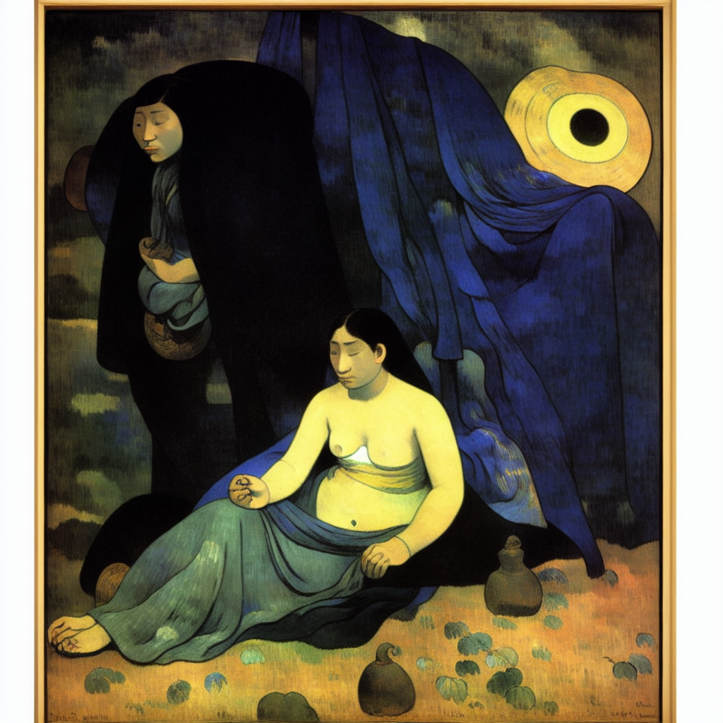woman hiding in a cocoon escaping low frequency noise brown black grey blue minimalistic stylized painting by Gauguin and an engraving by Gustave Doré