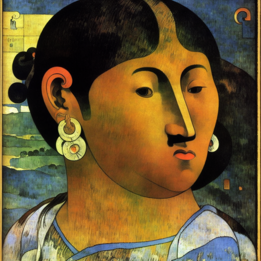 low frequency noise makes a woman crazy and depressed brown black grey blue minimalistic stylized painting by Gauguin and an engraving by Gustave Doré