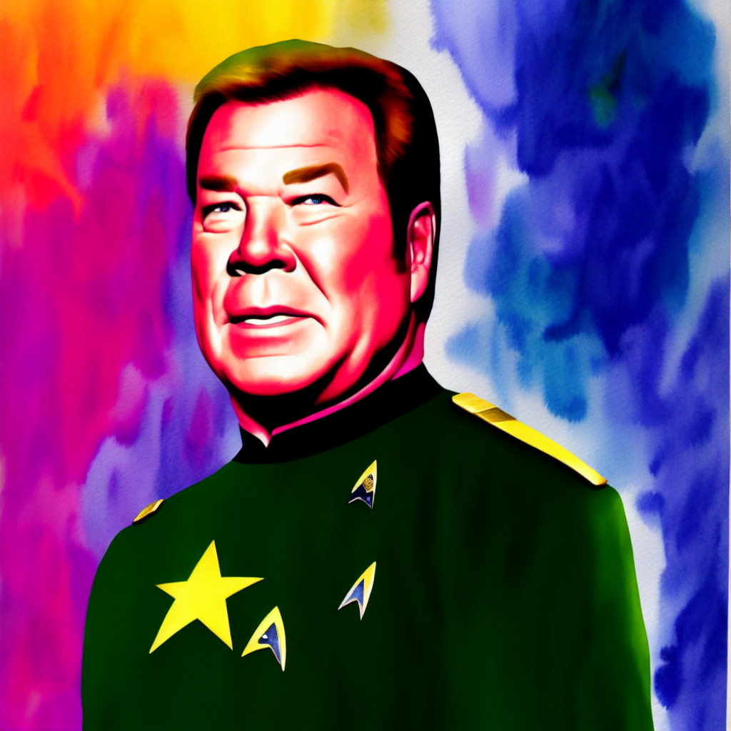 William Shatner in 1960s dressed as Captain Kirk in Star Trek, watercolour, digital art, concept art, highly detailed