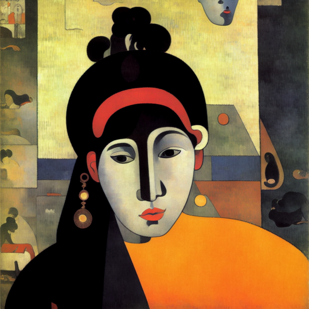 low frequency noise makes a woman crazy brown black grey blue minimalistic stylized painting by Gauguin