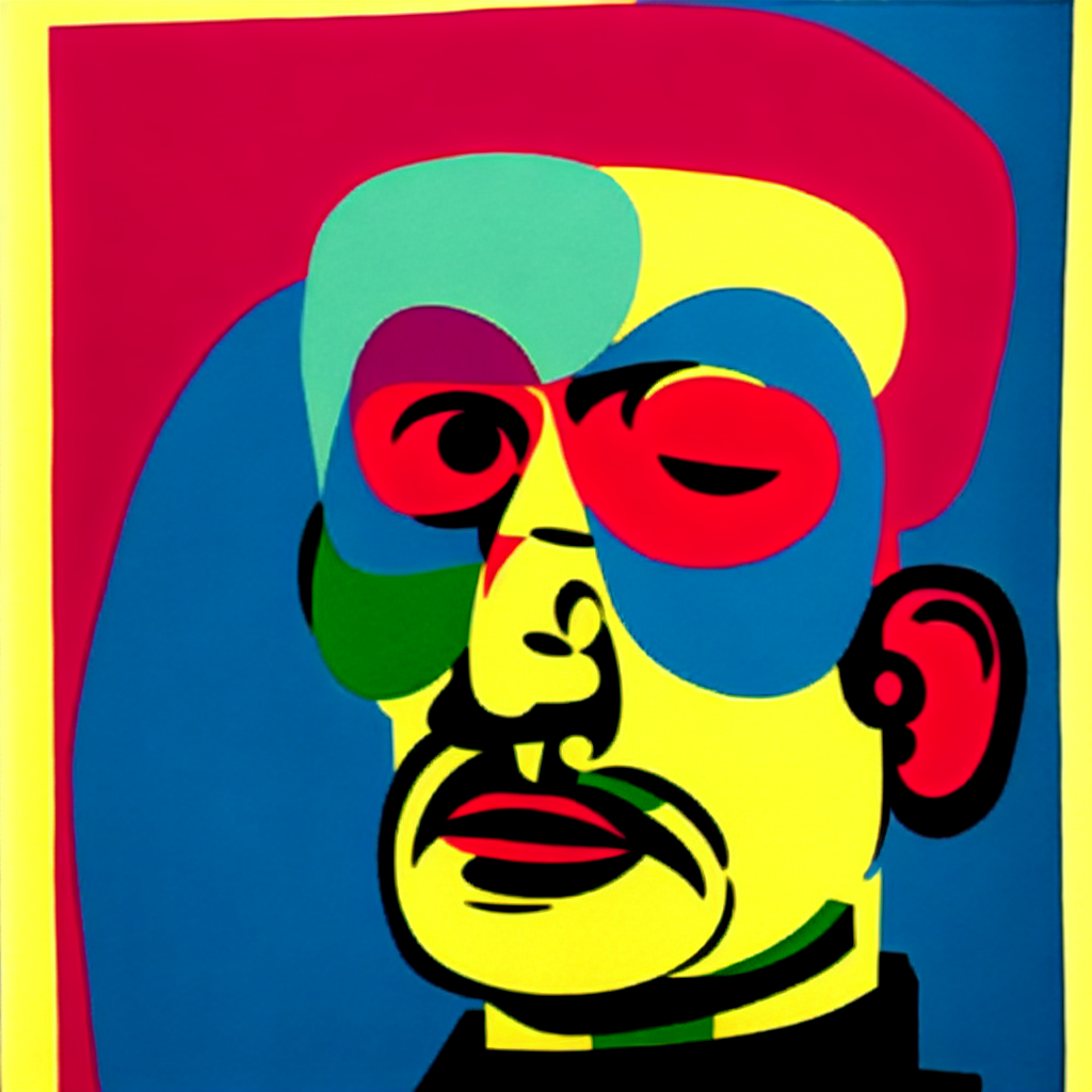 Picasso self-portrait in the style of Lisa Frank and Robert Crumb .png