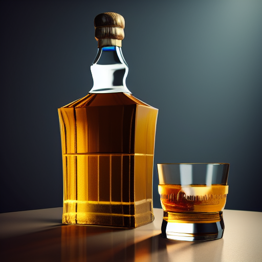 Bottle of a single malt whiskey on a table, next to a glass filled with ice cubes, liam brazier, peter mohrbacher, 8 k, raw, featured in artstation, octane render, cinematic, elegant, intricate, 8 k 