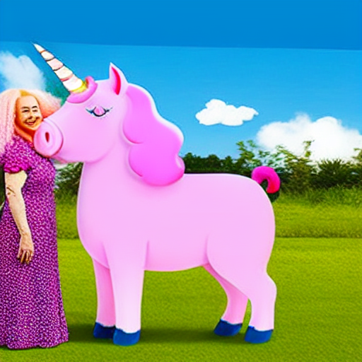 A woman with pink hair and a pink cat in front of A woman with long white hair and a unicorn pig. 