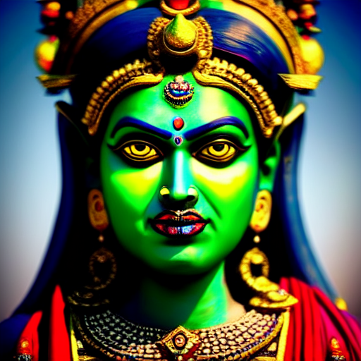 ancient goddess, kali, blue face, sinister look, eerie,tongue out,warm and cold colours, ancient temple, hyper realistic, depth of field