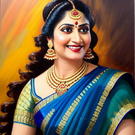 Head and shoulders portrait, Oil Painting of a forty year old woman  in a blue Saree, Gothic style, brown hair,  happy, confident, 8 k, HD photo by terry oneil and Raja Ravi verma and artgerm