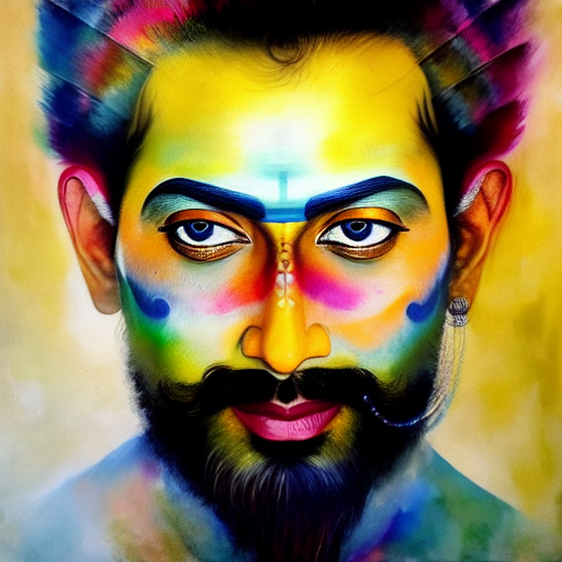 Ultra detailed oil painting of an Indian Sadhu, heavy brush strokes. Portrait Peacock Queen. Agnes Cecile, Conrad Roset, Rolf Armstrong, Wassily Kandinsky, Disney, matte finish, highly detailed, 4k