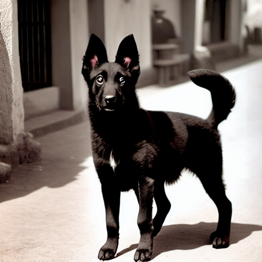 A black Indian shephard dog puppy lost in an Indian city in the 1950s,, sepia, photorealistic