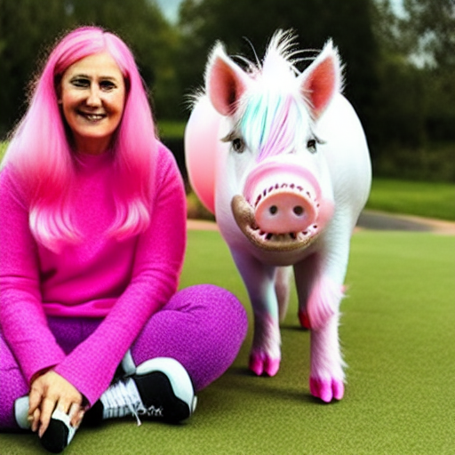 A woman with pink hair and a pink cat. A woman with long white hair and a unicorn pig. 